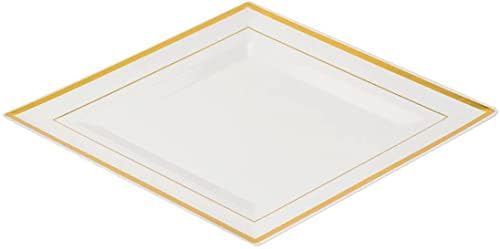 צלחות פלסטיק מרובעות - 10 | לבן/זהב | חבילה של 8